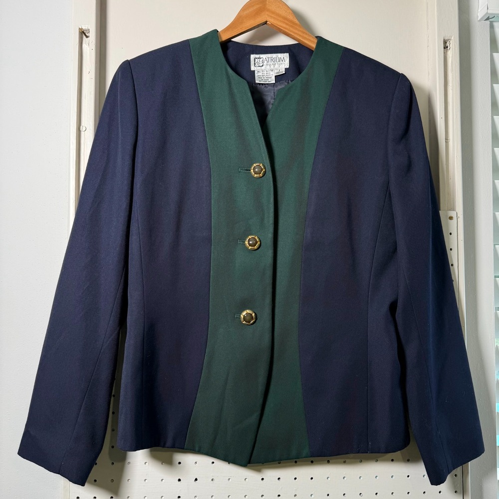 Vintage Atrium Blazer Women's Green Blue Button Long Sleeve Jacket - Size 8